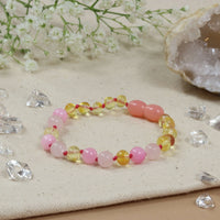 Bernsteinarmband Kind Zitrone, Rosenquarz, rosa Jade