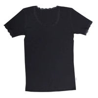 Damen-T-Shirt aus Wolle mit Spitze - schwarz