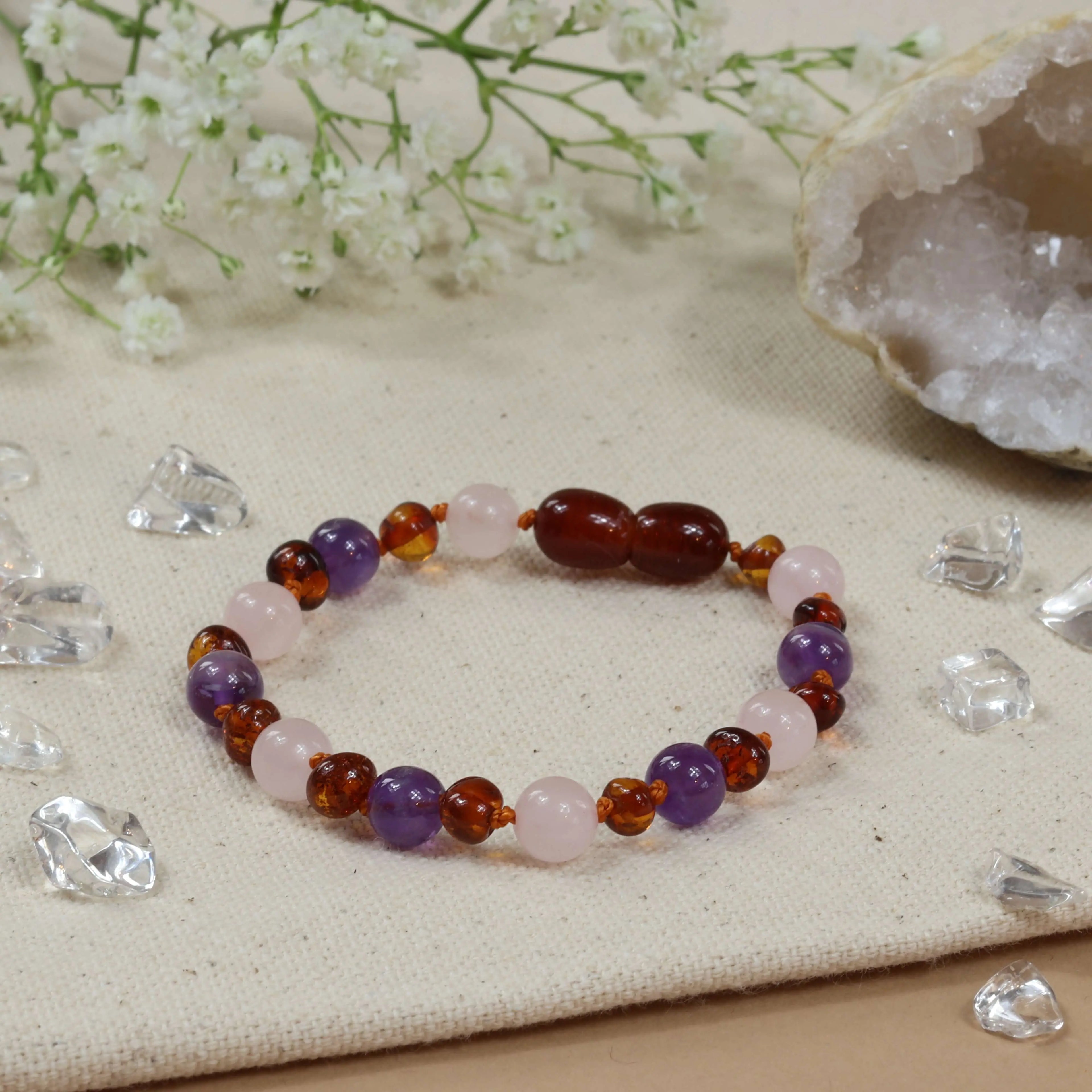 Barnsteen armband baby/peuter amethist - rozenkwarts