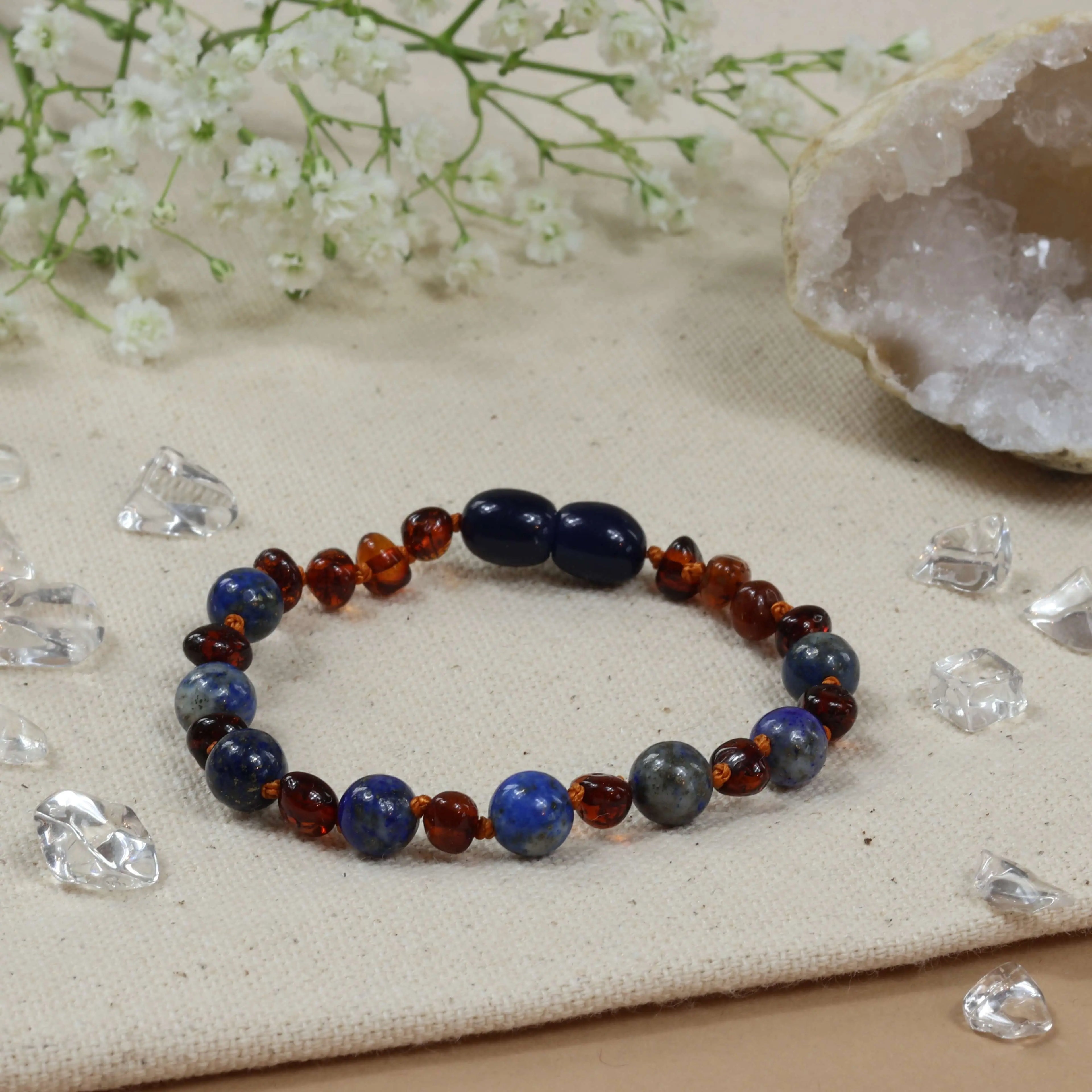 Barnsteen armband baby/peuter cognac - lapis lazuli