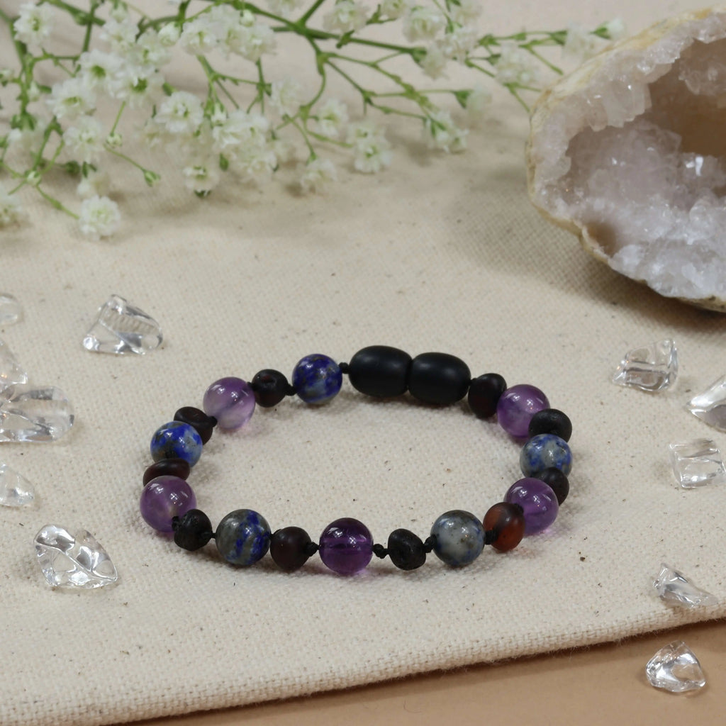 Barnsteen armband baby/peuter cherry - lapis lazuli - amethist