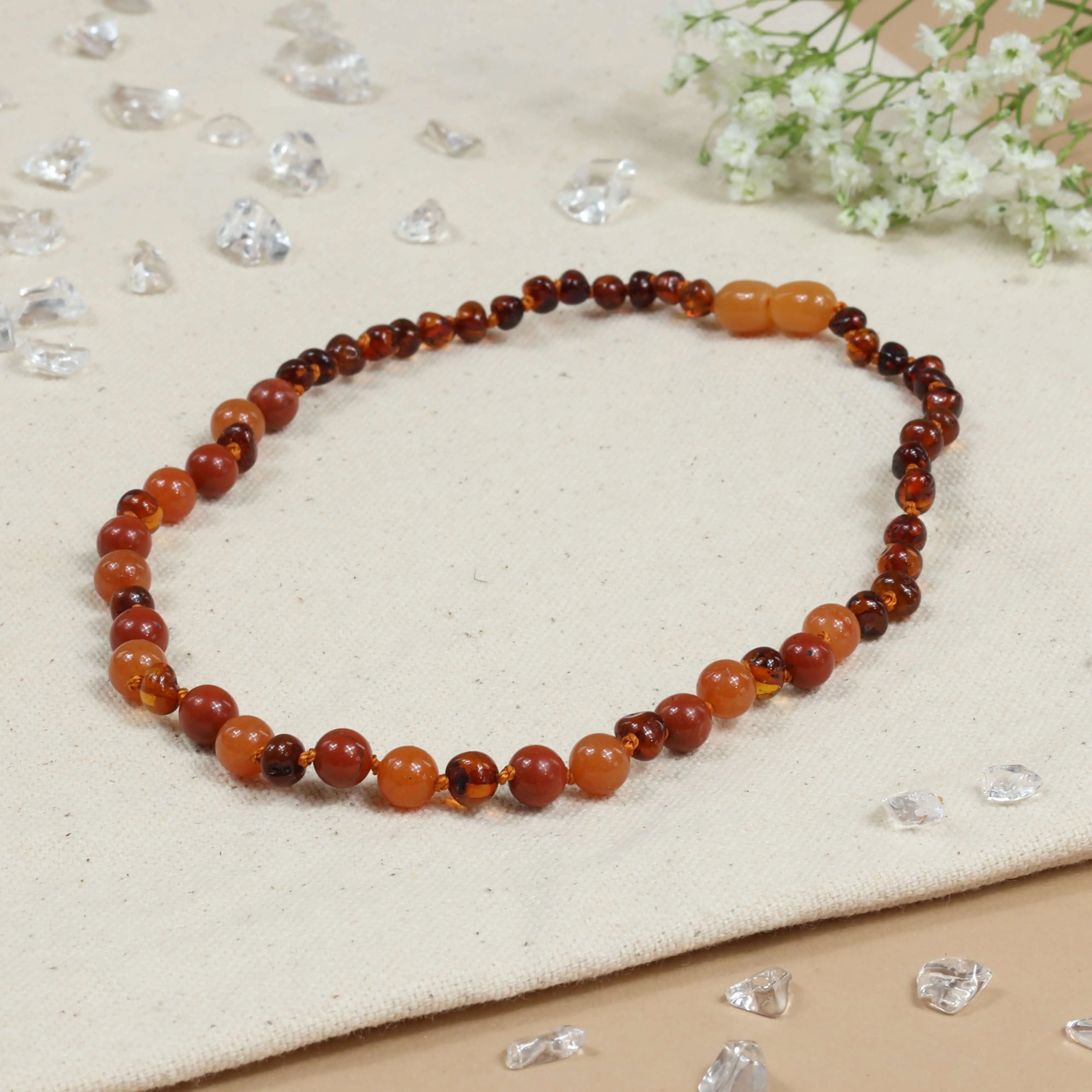 Barnsteen ketting baby/peuter cognac - aventurijn - jaspis