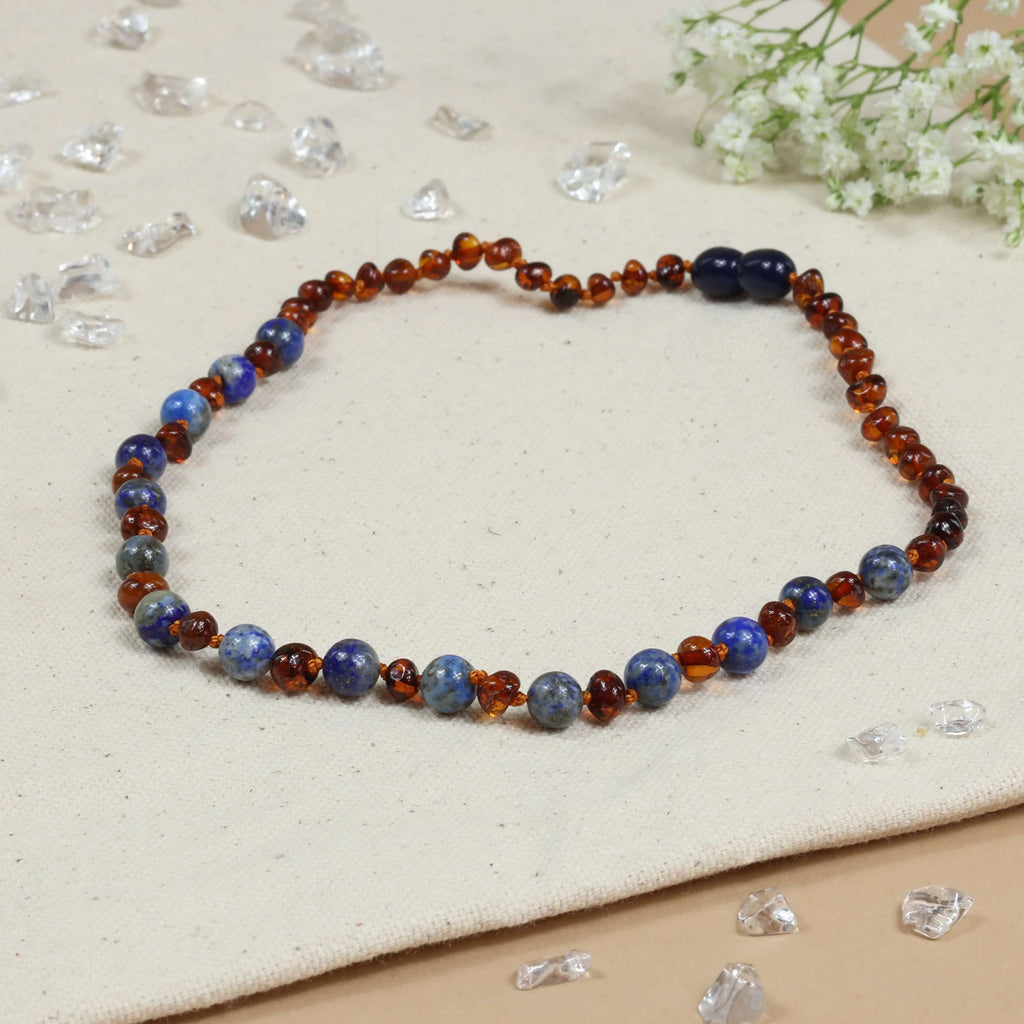 Barnsteen ketting baby/peuter cognac - lapis lazuli